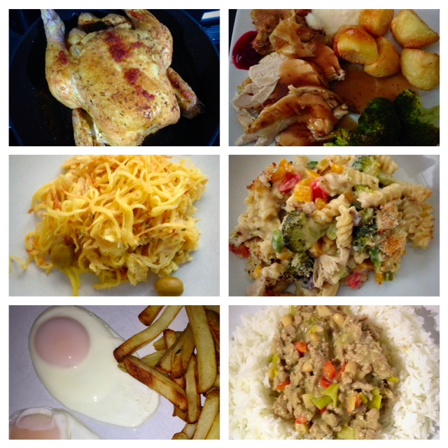 Clockwise - Roast Chicken, the chicken dinner, chicken pasta bake, turkey thing, egg and chips, Bacalhau á Bras’.